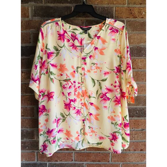 Investments Tops - Investments Women's Yellow Purple Floral Short Sleeve Button Up Blouse Sz 3X NWT